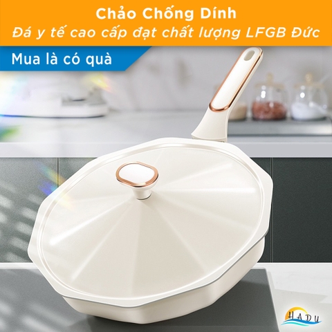 Chảo Chống Dính Bếp Từ SSGP 30cm, Nắp Xoay Điều Áp, Phủ Đá Y Tế, Màu Trắng, Đạt Chất Lượng LFGB Đức