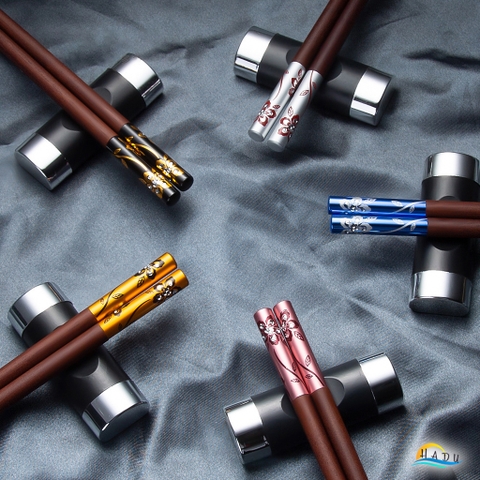 Bộ 10 Đôi Đũa Gỗ Đàn Hương Đỏ HADU, Đầu Hợp Kim Nhôm, Chống Mốc, Dài 24.3cm