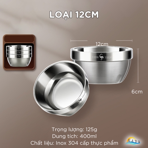 Bát Ăn Cơm Inox 304 SSGP 2 Lớp Cách Nhiệt 12cm (400ml), Đạt Chất Lượng LFGB Đức
