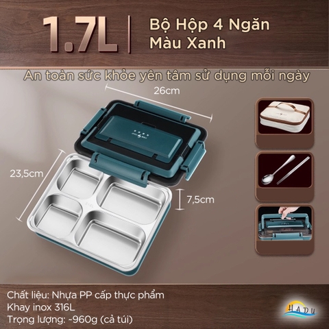 Hộp Cơm Văn Phòng Inox 316L SSGP 4 Ngăn, Hộp Đựng Cơm Quay Lò Vi Sóng Kèm Túi Giữ Nhiệt, Bát Canh