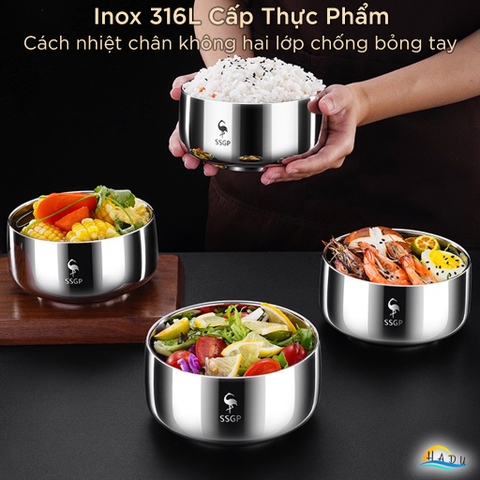 Bát Ăn Cơm Inox 316L SSGP, 2 Lớp Cách Nhiệt Chống Nóng, 380ml, Đạt Chất Lượng LFGB Đức