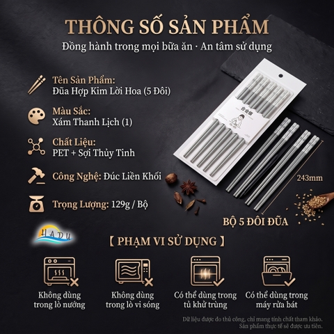 Bộ 5 Đôi Đũa Sợi Thủy Tinh HADU Chống Mốc, Kháng Khuẩn, Chống Trơn, Dài 24.3cm