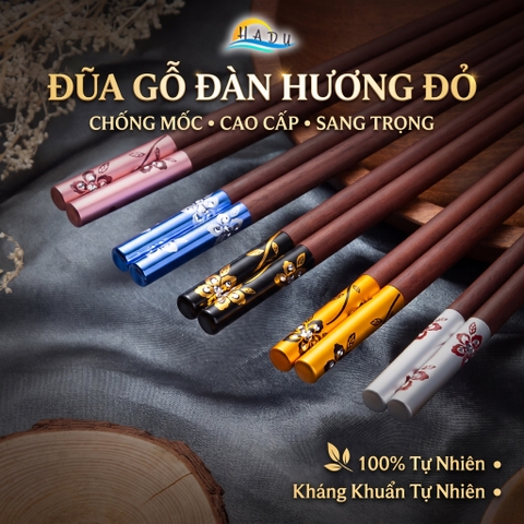 Bộ 10 Đôi Đũa Gỗ Đàn Hương Đỏ HADU, Đầu Hợp Kim Nhôm, Chống Mốc, Dài 24.3cm