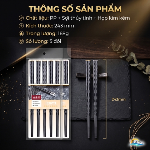 Bộ 5 Đôi Đũa Sợi Thủy Tinh HADU Họa Tiết Hoa Lấp Lánh, Chống Trơn, Chịu Nhiệt, 24.3cm