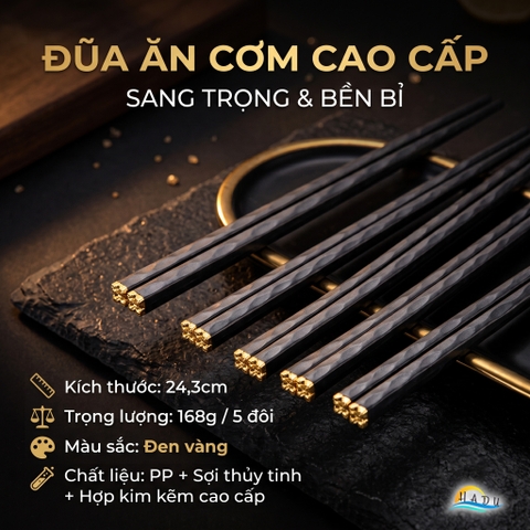 Bộ 5 Đôi Đũa Sợi Thủy Tinh HADU Họa Tiết Hoa Lấp Lánh, Chống Trơn, Chịu Nhiệt, 24.3cm