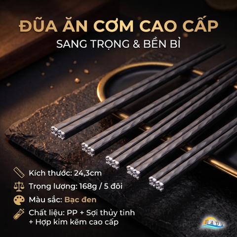 Bộ 5 Đôi Đũa Sợi Thủy Tinh HADU Họa Tiết Hoa Lấp Lánh, Chống Trơn, Chịu Nhiệt, 24.3cm