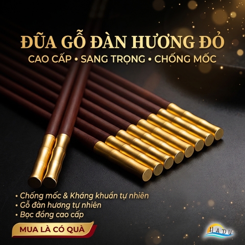 Bộ 10 Đôi Đũa Gỗ Đàn Hương Đỏ HADU, Đầu Hợp Kim Kẽm, Chống Mốc, Dài 24cm