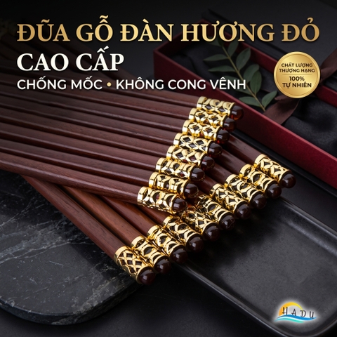 Bộ 10 Đôi Đũa Gỗ Đàn Hương Đỏ HADU, Chống Mốc, Chống Trơn, Dài 25cm