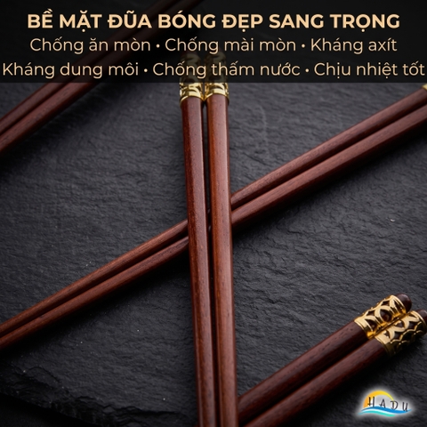 Bộ 10 Đôi Đũa Gỗ Đàn Hương Đỏ HADU, Chống Mốc, Chống Trơn, Dài 25cm