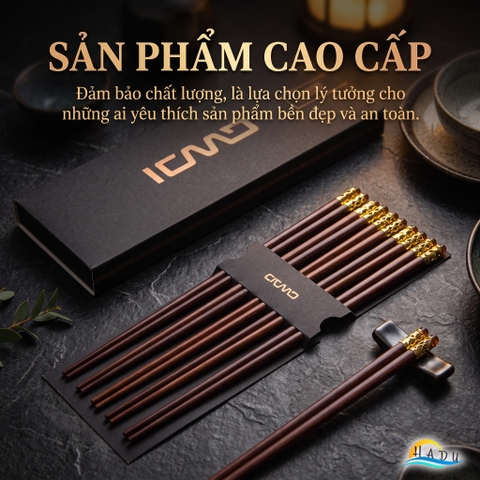 Bộ 10 Đôi Đũa Gỗ Đàn Hương Đỏ HADU, Chống Mốc, Chống Trơn, Dài 25cm
