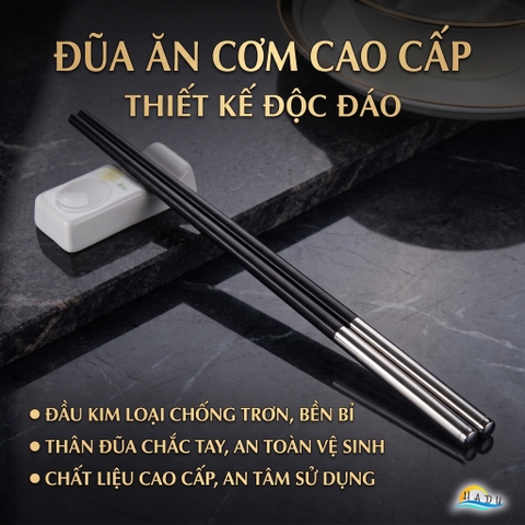 Bộ 10 Đôi Đũa Hợp Kim HADU Chuôi Inox 304, Kháng Khuẩn, Chống Trơn, 27cm, Màu Đen Xanh Bạc