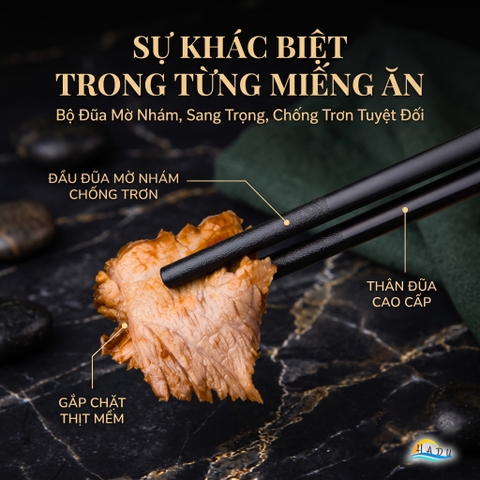 Bộ 10 Đôi Đũa Hợp Kim HADU Chuôi Inox 304, Kháng Khuẩn, Chống Trơn, 27cm, Màu Đen Xanh Bạc