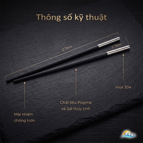 Bộ 10 Đôi Đũa Hợp Kim HADU Chuôi Inox 304, Kháng Khuẩn, Chống Trơn, 27cm, Màu Đen Xanh Bạc