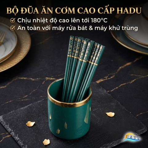 Bộ 5 Đôi Đũa Sợi Thủy Tinh HADU Họa Tiết Hoa Anh Đào, Kháng Khuẩn, Chống Trơn, 24.3cm, Màu Xanh Bắc Âu