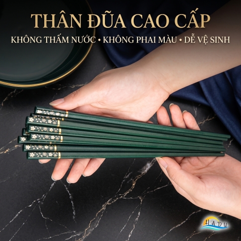Bộ 5 Đôi Đũa Sợi Thủy Tinh HADU Họa Tiết Hoa Anh Đào, Kháng Khuẩn, Chống Trơn, 24.3cm, Màu Xanh Bắc Âu