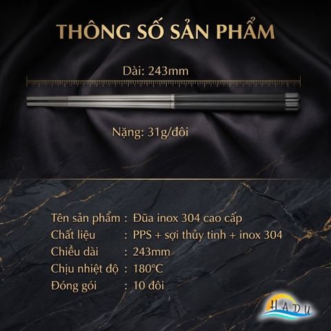 Bộ 10 Đôi Đũa Inox 304 Phối Sợi Thủy Tinh HADU, Kháng Khuẩn, Chống Trượt, Kèm Hộp Sang Trọng