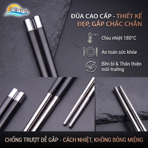 Bộ 10 Đôi Đũa Inox 304 Phối Sợi Thủy Tinh HADU, Kháng Khuẩn, Chống Trượt, Kèm Hộp Sang Trọng