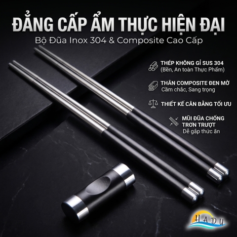 Bộ 10 Đôi Đũa Inox 304 Phối Sợi Thủy Tinh HADU, Kháng Khuẩn, Chống Trượt, Kèm Hộp Sang Trọng