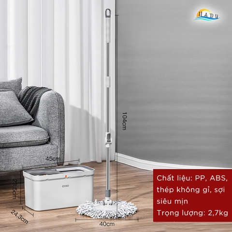 Bộ Lau Nhà Xoay 360° CCKO, Tự Giặt và Vắt Thông Minh, Kèm 2 Bông Lau Microfiber