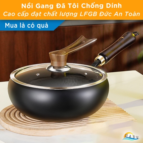 Chảo Sắt Rèn Thủ Công SSGP 28cm Đã Tôi, Chảo Gang Sâu Lòng Chống Dính Tự Nhiên Dùng Bếp Từ, Kèm Nắp