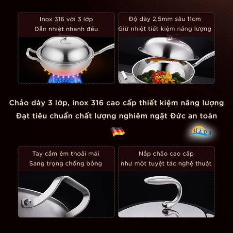 Chảo inox bếp từ sâu lòng có nắp 32 cm inox 316 cao cấp ba lớp giữ nhiệt tốt dẫn nhiệt nhanh đều tiết kiệm khí đốt SSGP