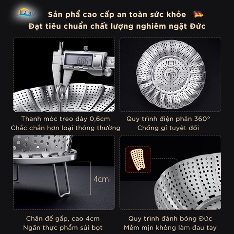 Xửng Hấp Gấp Gọn Inox 304 SSGP, Điều Chỉnh Theo Kích Cỡ Nồi, Đạt Chất Lượng LFGB Đức