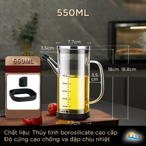 Bình Rót Dầu Ăn Thủy Tinh SSGP 550ml, 750ml Chống Rò Rỉ, Có Vạch Chia, Đạt Chất Lượng LFGB Đức