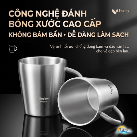 Cốc Ly Inox 304 Giữ Nhiệt 2 Lớp Cao Cấp Chống Nóng Có Tay Cầm Cao Cấp 200ml 260ml Snainy