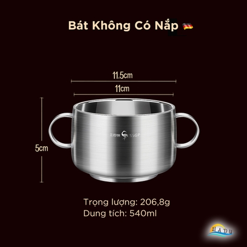 Bát Ăn Dặm Cho Bé SSGP Inox 316L, 2 Lớp Chống Nóng, Có Tay Cầm và Nắp, 11cm, Đạt Chất Lượng LFGB Đức