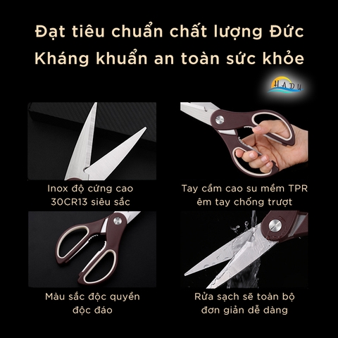Kéo cắt gà nhà bếp inox độ cứng cao đạt tiêu chuẩn chất lượng Đức, kéo đa năng làm bếp cao cấp tay cầm cao su mềm SSGP
