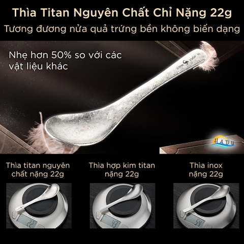 Thìa Ăn Titan Nguyên Chất SSGP, Siêu Nhẹ 22g, Kháng Khuẩn, Dài 15.5cm, Đạt Chất Lượng LFGB Đức