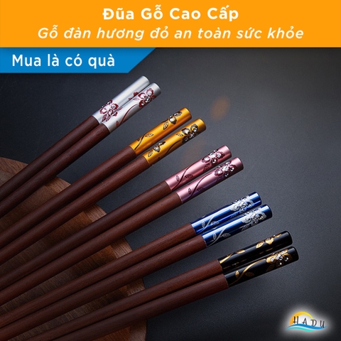 Bộ 10 Đôi Đũa Gỗ Đàn Hương Đỏ HADU, Đầu Hợp Kim Nhôm, Chống Mốc, Dài 24.3cm