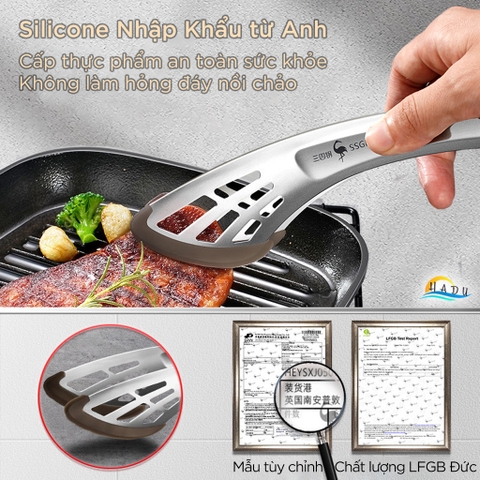 Kẹp Gắp Thức Ăn SSGP Inox và Silicone, Thoát Dầu, Chịu Nhiệt, 23cm, Đạt Chất Lượng LFGB Đức