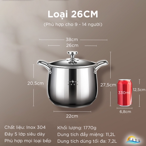 Nồi Luộc Gà Inox 304 Thành Cao SSGP 24cm 26cm, Đáy 5 Lớp, Dùng Bếp Từ, Đạt Chất Lượng LFGB Đức