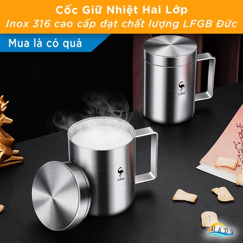 Cốc Giữ Nhiệt Inox 316L SSGP 420ml, 2 Lớp Chân Không, Tay Cầm Vuông, Có Nắp, Đạt Chất Lượng LFGB Đức