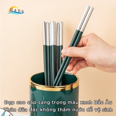 Bộ 10 Đôi Đũa Hợp Kim HADU Kiểu Bắc Âu, Chống Mốc, Chống Trơn, 27.3cm, Màu Xanh