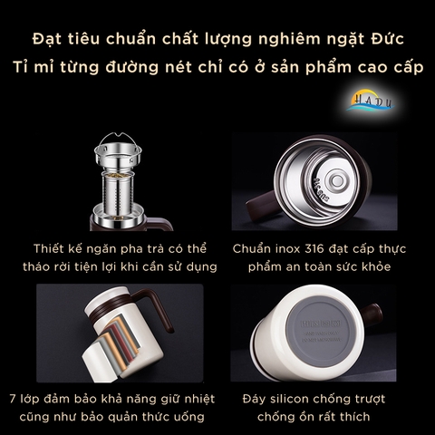 Ly giữ nhiệt có quai nắp đậy không cần vặn inox 316 cấp thực phẩm, cốc giữ nhiệt coffee 7 lớp tích hợp pha trà SSGP