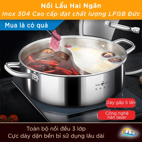 Nồi Lẩu 2 Ngăn Inox 304 Cao Cấp Dung Tích 8L – Đạt Chuẩn LFGB Đức, Phù Hợp Bếp Từ và Bếp Ga SSGP