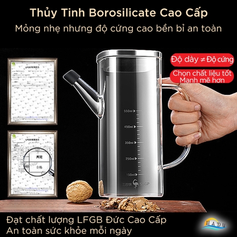 Bình Rót Dầu Ăn Thủy Tinh SSGP 550ml, 750ml Chống Rò Rỉ, Có Vạch Chia, Đạt Chất Lượng LFGB Đức