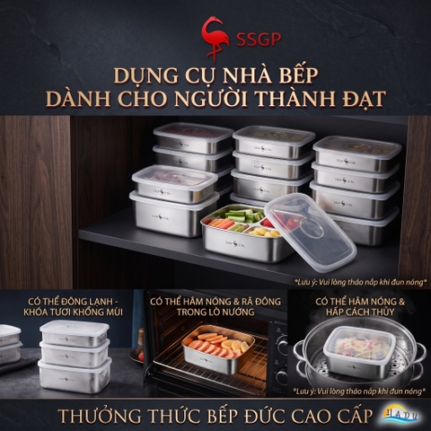 Hộp Đựng Thực Phẩm Inox 316L SSGP, Hộp Trữ Đông Tủ Lạnh Nắp Silicone Kín Khít, Dùng Lò Nướng, Đạt Chất Lượng LFGB Đức