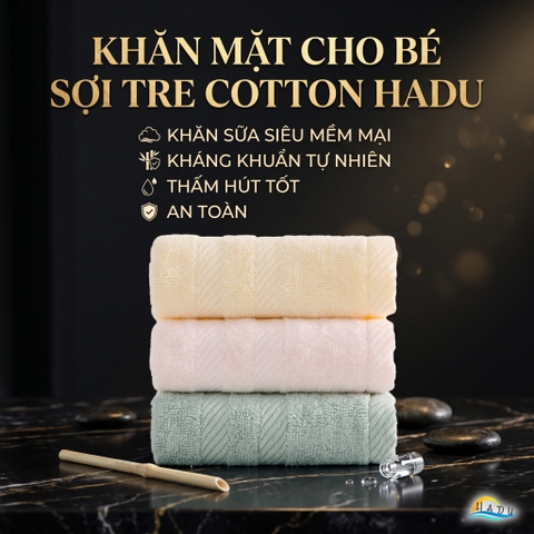 Khăn Mặt Cho Bé HADU, Cotton Sợi Tre, Kháng Khuẩn, Siêu Mềm Mại, 26x48cm, Nhiều Màu