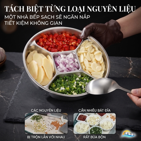 Khay Inox 304 Chia 5 Ngăn Cao Cấp SSGP, Đĩa Đựng Gia Vị Chuẩn Bị Nguyên Liệu Nấu Ăn Đạt Chất Lượng LFGB Đức