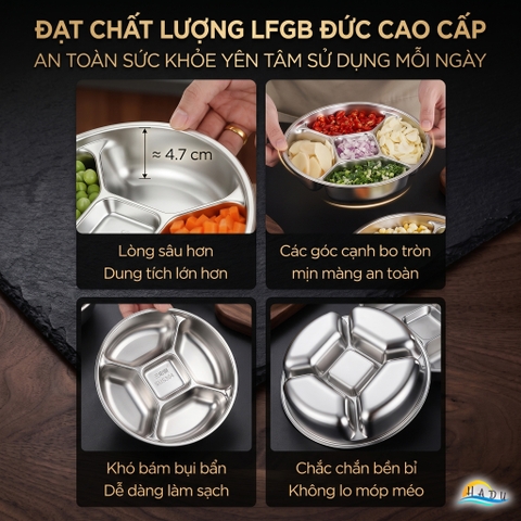 Khay Inox 304 Chia 5 Ngăn Cao Cấp SSGP, Đĩa Đựng Gia Vị Chuẩn Bị Nguyên Liệu Nấu Ăn Đạt Chất Lượng LFGB Đức