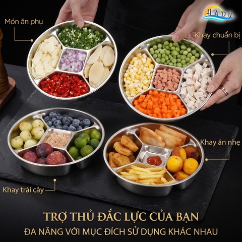 Khay Inox 304 Chia 5 Ngăn Cao Cấp SSGP, Đĩa Đựng Gia Vị Chuẩn Bị Nguyên Liệu Nấu Ăn Đạt Chất Lượng LFGB Đức