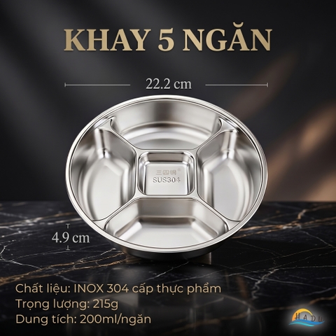 Khay Inox 304 Chia 5 Ngăn Cao Cấp SSGP, Đĩa Đựng Gia Vị Chuẩn Bị Nguyên Liệu Nấu Ăn Đạt Chất Lượng LFGB Đức