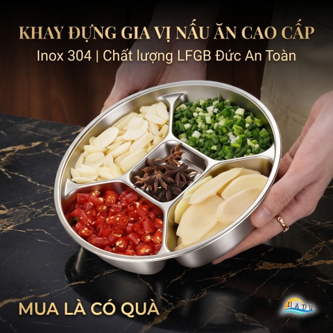 Khay Inox 304 Chia 5 Ngăn Cao Cấp SSGP, Đĩa Đựng Gia Vị Chuẩn Bị Nguyên Liệu Nấu Ăn Đạt Chất Lượng LFGB Đức