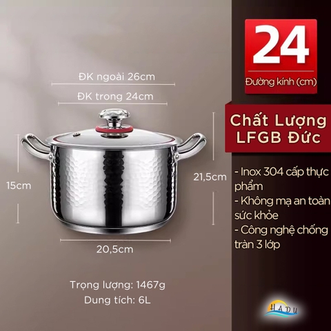 Nồi Inox 304 Bếp Từ SSGP Chống Tràn, 20cm 22cm 24cm, Đáy 5 Lớp, Nắp Kính, Đạt Chất Lượng LFGB Đức
