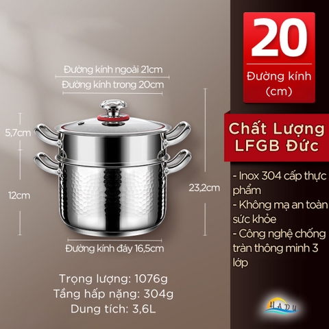 Nồi Inox 304 Bếp Từ SSGP Chống Tràn, 20cm 22cm 24cm, Đáy 5 Lớp, Nắp Kính, Đạt Chất Lượng LFGB Đức