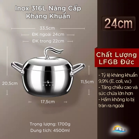 Nồi Inox 316L SSGP Đáy 3 Lớp, Thiết Kế Hình Quả Táo, Dùng Bếp Từ, Đạt Chất Lượng LFGB Đức