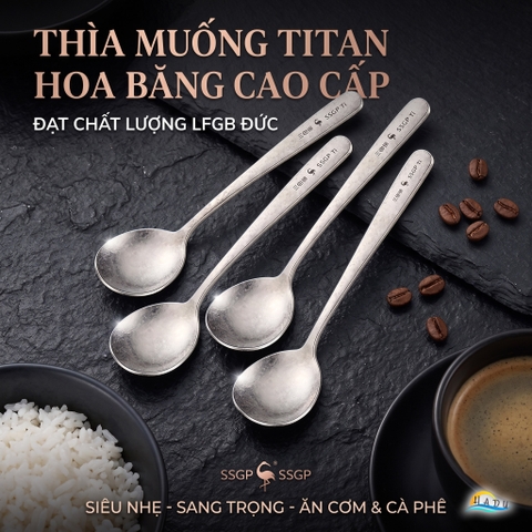 Thìa Ăn Cơm Titan Nguyên Chất 99.8% SSGP, Muỗng Siêu Nhẹ 25g Họa Tiết Hoa Băng Đạt Chất Lượng LFGB Đức Cao Cấp